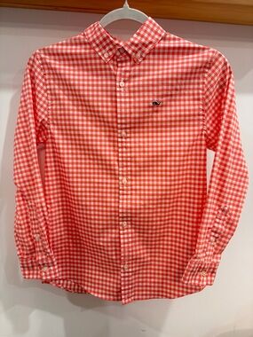 Boys Vineyard Vines Performance Coral and White Gingham Button-Down Shirt — S